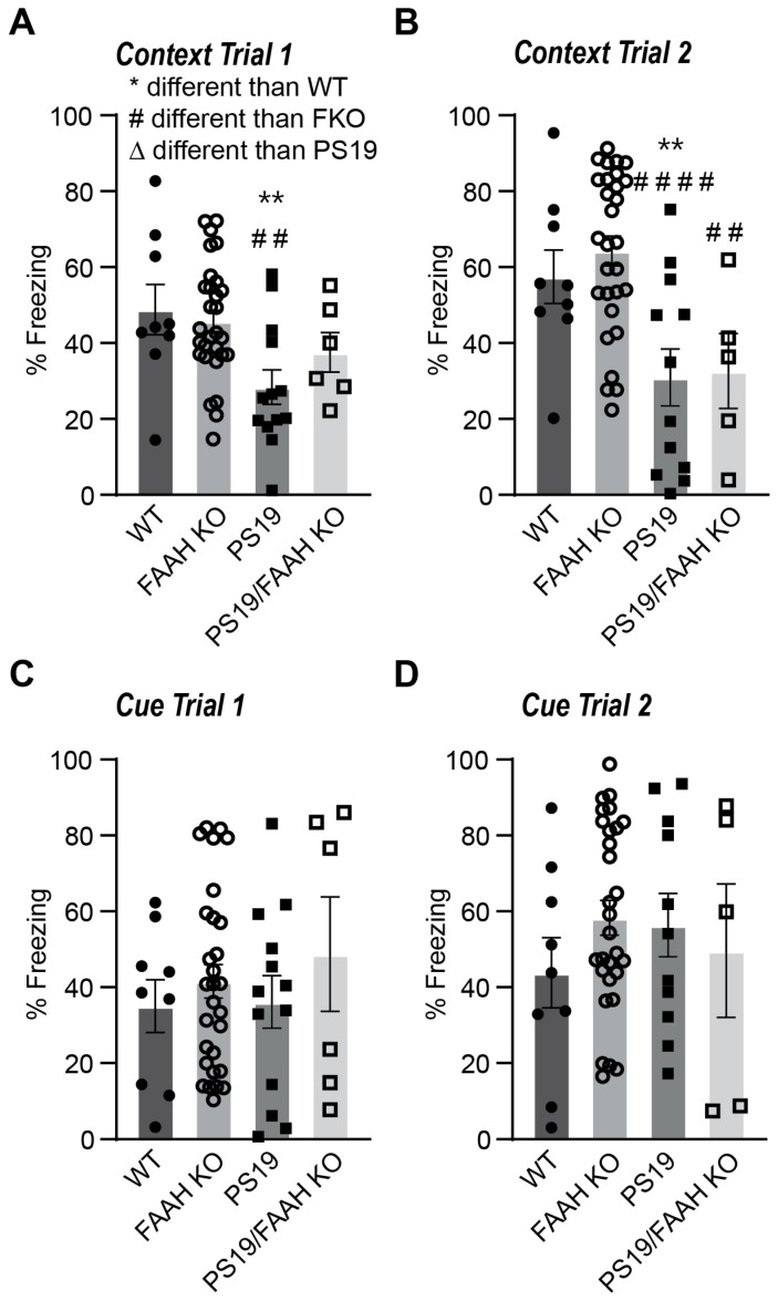 Loss of FAAH leads to differences in contextual learning, but not cue-dependent learning. (A,B) Percent freezing in the first 5 min context test (Test 1) and test 2 completed 2 weeks later in WT, FAAH−/−, PS19, and FAAH−/−/PS19 mice. (C,D) Percent freezing after an 80-decibel acoustic stimulus (3 min) was presented 2 min after mice were placed in the modified conditioned fear chambers (C). Cue test 2 was conducted 2 weeks following test 1 (D). N = 6–29 per group (genotype, treatment). ** p < 0.01, comparison to WT. ## p < 0.01, #### p < 0.0001, comparison to KO.