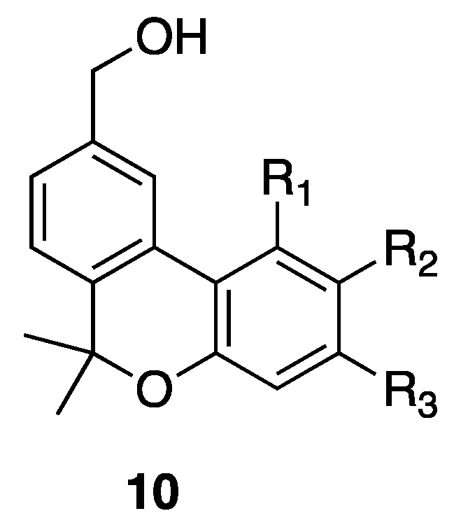 Modifications on ring C: 10a R1 = H, R2 = H, R3 = OMe; 10b R1 = OMe, R2 = H, R3 = H; 10c R1 = H, R2 = Me, R3 = H; 10d R1 = H, R2 = H, R3 = Me; 10e R1 = H, R2 = H, R3 = H; 10f R1 = H, R2 = i-Pr, R3 = H; 10g R1 = H, R2 = H, R3 = i-Pr; 10h R1 = H, R2 = n-Pen, R3 = H. See the Section 3 for synthetic details.