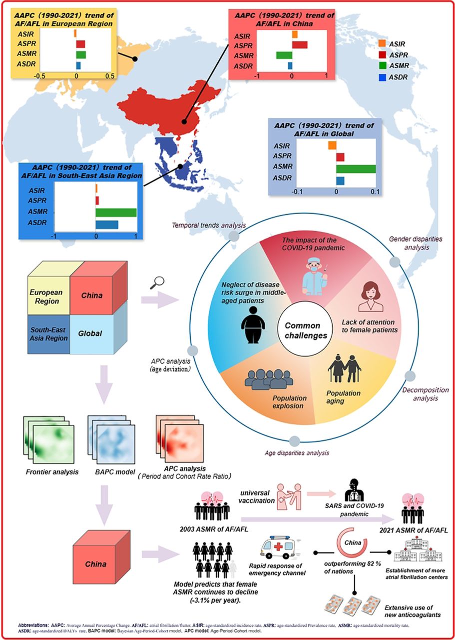 Central illustration and flow chart of the study design.Trends in Age - Standardized Rates of Atrial Fibrillation/Flutter (AF/AFL) From 1990 to 2021, Analytical Frameworks, Shared Challenges, and China’s Response.