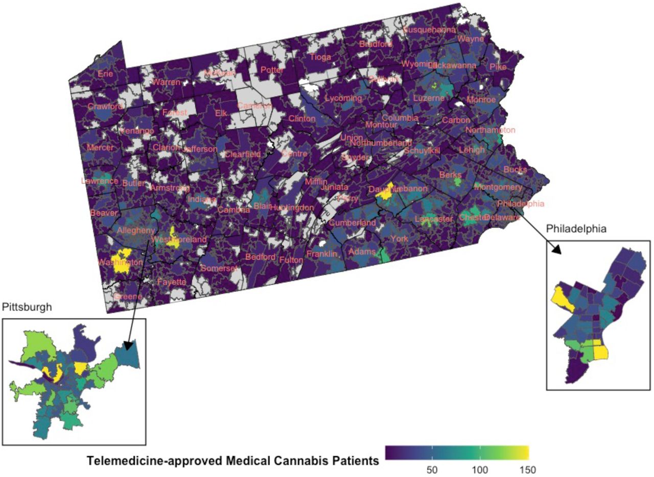 Distribution of telemedicine-approved patients within Pennsylvania in 2022. Light gray indicates no patients were present in the zip code. White indicates limited data on population.
