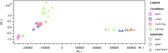 Visualization of LC-MS(qTOF) untargeted metabolomics data with PCA.PC1 is plotted against PC2. 30 principal components explained a variance (R2) of 0.957.