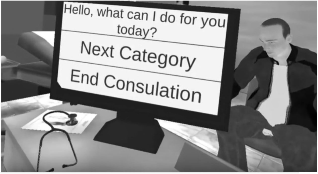 An example of the participant’s view within the VR simulation (Black and white in print)