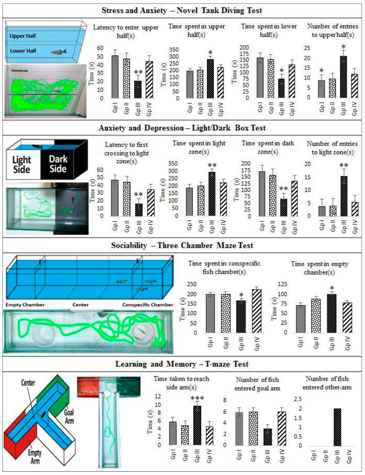 Behavioral effects of C2 using zebrafish models: Evaluation of anxiolytic/anxiogenic properties of C2 using novel tank diving test, light/dark box test and three-chamber maze test. All three tests revealed that both high and mid-doses are anxiolytic and that C2 treatment does not alter neuro-related functions though C2 is a ligand of CB1. Note that the ethanol control groups had anxiety-specific endpoints, like inhibition to diving, longer time spent in the upper half of the tank/bright zones/empty chamber. C2 is also shown to not affect the learning and memory capabilities of the fish as seen in the T-maze test. Statistically significant differences between C2- and ethanol-treated groups are indicated as * p < 0.05, ** p ˂ 0.005, *** p ˂ 0.001. Group I—high dose C2 (100 mg); Group II—mid-dose C2 (75 mg); Group III—ethanol control and Group IV—untreated control. Each group contained six fish and the results are presented as average values ± SE. Panels are based on our own observations validated using MATLAB-based tracking software (Mathworks Inc., Natick, MA, USA).