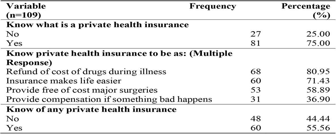 Awareness and Perceptions of Private Health Insurance Among Respondents (n=109)