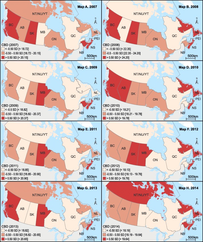 Age-standardized prevalence of CBD among Canadian Provinces and Territories, 2007–2014 (respective maps are A-H). CBD: Chronic Back Disorders; > 0.5 SD; High prevalence; between − 0.50 and 0.50 SD: moderate prevalence; < 0.5 SD low prevalence; ON: Ontario; QC: Quebec; BC: British Columbia; AB: Alberta; MB: Manitoba; SK: Saskatchewan; NS: Nova Scotia; NB: New Brunswick; NL: Newfoundland and Labrador; PEI: Prince Edward Island; NT/NU/YT: Northern Territories, including Yukon, Northwest, and Nunavut Territories