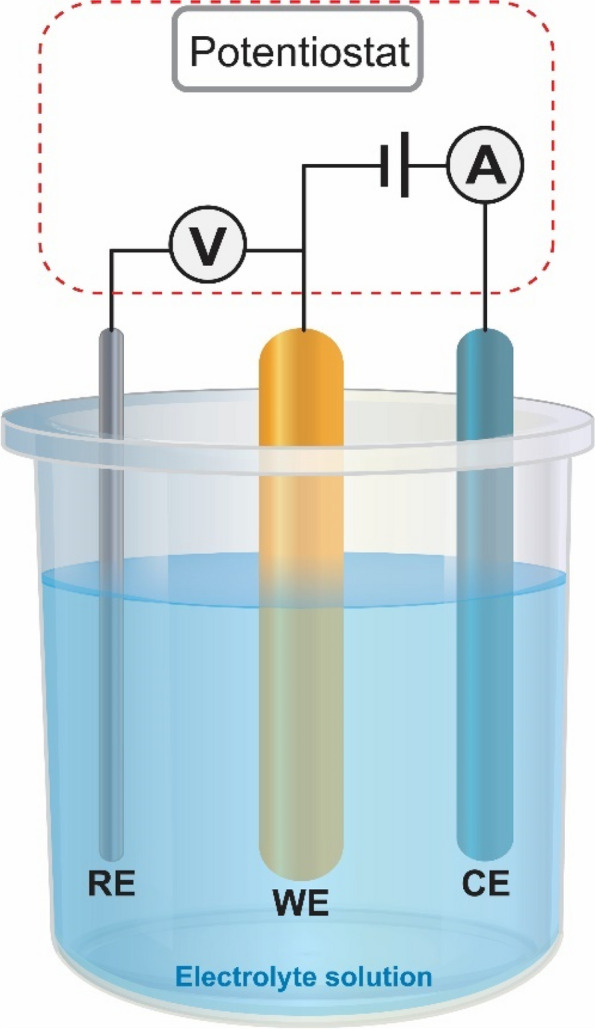 Electrochemical biosensors with three electrodes: reference (RE), working (WE), and counter (CE) connected to a potentiostat