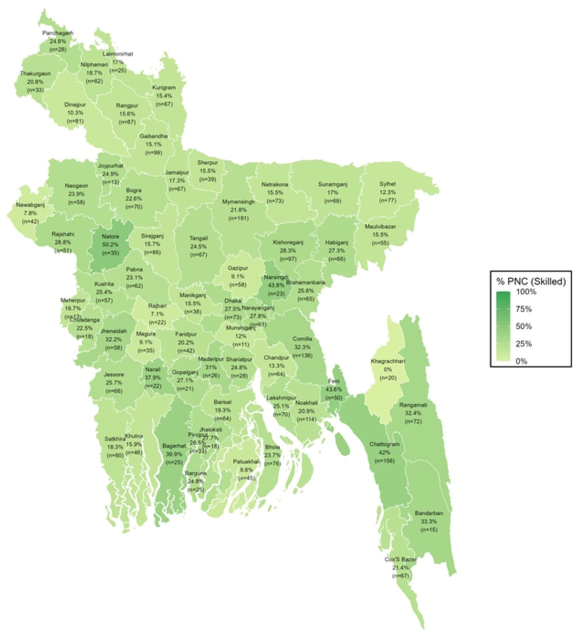 District-wise distribution of PNC utilization from skilled providers among rural women