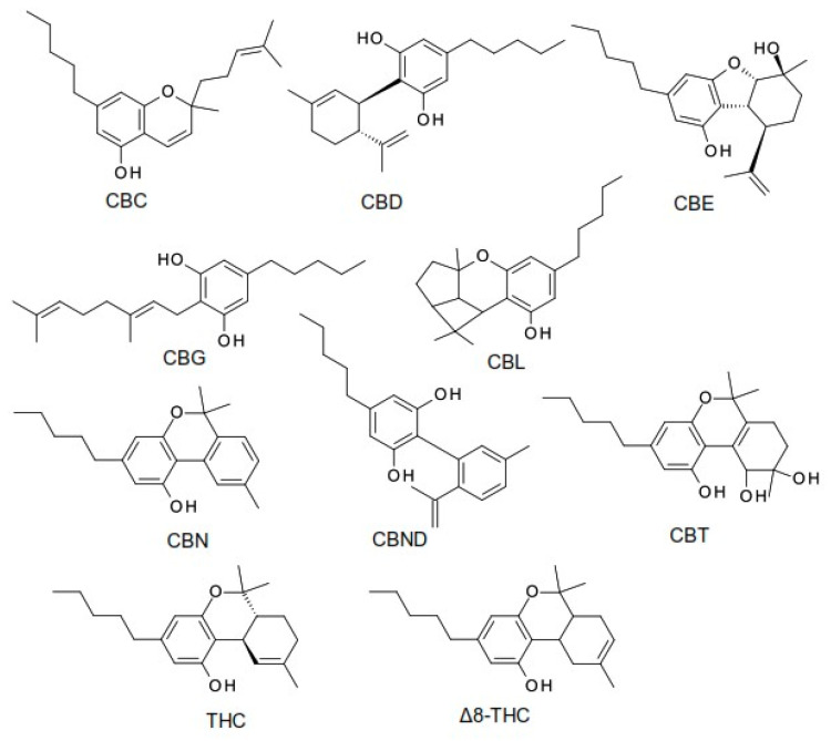 Chemical structures of the most common phytocannabinoids [1,2].