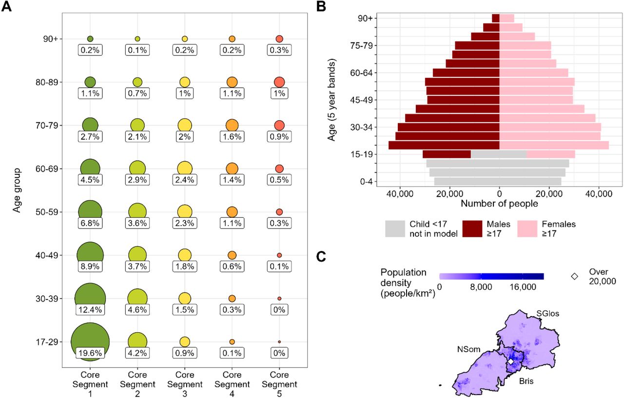 Summary of the studied population based on data from March 2024, consisting of [A] proportions of the population by health state (Core Segment) and age group, [B] age and sex profile, and [C] geographical distribution among the three constituent areas in BNSSG. Note: ‘Bris’ is Bristol; ‘NSom’ is North Somerset; and ‘SGlos’ is South Gloucestershire).