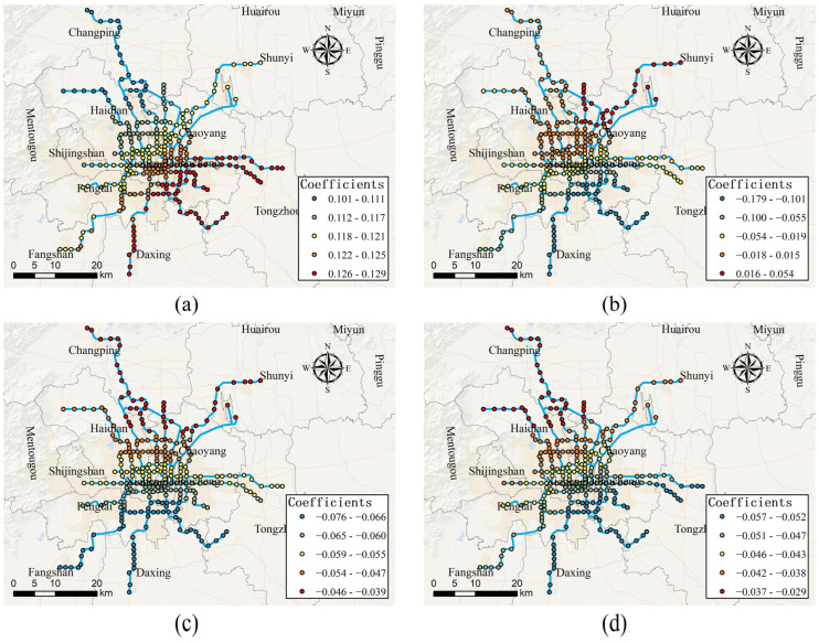 Spatially varying effects of branch road density and secondary road density. (a) Effect of branch road density on egress-daily use on weekdays; (b) effect of secondary road density on access-daily use on weekdays; (c) effect of secondary road density on access-daily use on weekends; (d) effect of secondary road density on egress-daily use on weekends.