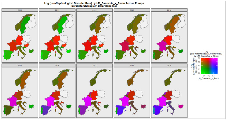 Colorplane bivariate time sequential map-graph of log (uronephrological congenital anomaly rate) by last month cannabis use: cannabis resin THC concentration across surveyed European nations over time.