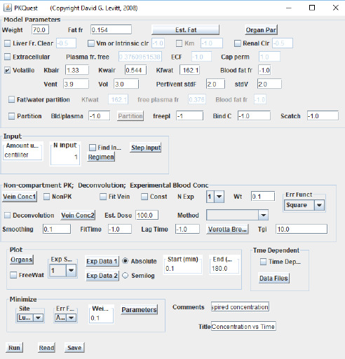 PKQuest interface. The top panel lists all the input required to specify the PBPK pharmacokinetics for isoflurane (see text for details).