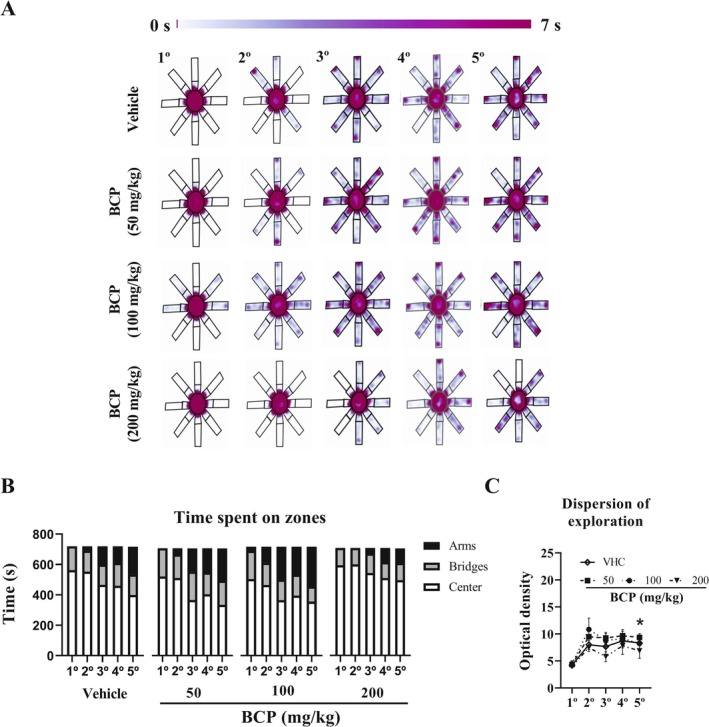Time spent on zones from chronic pharmacological assay: For 5 consecutive days, the 3D maze test was performed 30 min after VHC or BCP oral administrations and the test lasted 12 min, as well as the entries schedule were randomly between groups: (A) heat map of all group during 5 days of experiment. (B) Time spent on zones (arms, bridges, and center). (C) Dispersion of exploration: for this analysis, the optical density of heat map in grayscale was performed using Fiji ImageJ software (version 1.54, National Institutes of Health, United States). All data were expressed as mean (B) or mean ± SEM (C). At all analyses, there are no significant differences between groups: p > 0.05; * p < 0.05 between 1° vs. 5° trial of each group.