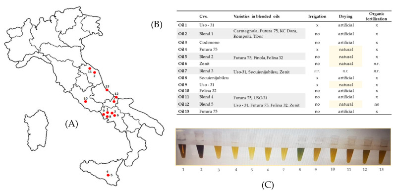 Cold-pressed hemp seed oils from different Italian locations. Main cultural and post-harvest techniques applied are indicated. n.r. = not reported. (A) Graphic distribution of hemp seed oils in the various Italian regions; (B) Main characteristics of hemp seed oils: cultivars, varieties, irrigation, drying and organic fertilization; (C) Visual representation of analyzed hemp seed oils.