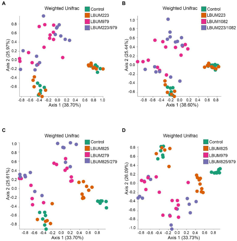 Weighted UniFrac beta-diversity metric between treatment conditions in Promix rhizosphere. PCoA plot representative of beta-diversity between treatment groups; (A) LBUM223 and LBUM979, (B) LBUM223 and LBUM1082, (C) LBUM825 and LBUM279 (D) LBUM825 and LBUM979, alone or in combination (the control refers to plants inoculated with water). Pseudomonas spp. treatments are represented by orange circles, Bacillus spp. by pink circles, combinatorial treatments by purple circles and the controls in green. Each point represents a sample and axis 1 and axis 2 represent the percentage of variance explained by each coordinate. Statistical analysis is found in the text (ANOSIM and ADONIS).