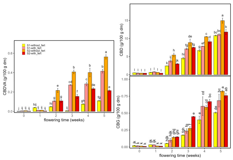 Non-psychoactive cannabinoids in Enectaliana cultivated with or without fertilizer, from 0 to 5 flowering weeks for two planting densities (Sector 1 (S1) ≈ 2.3 plants m−2; Sector 2 (S2) ≈ 4.6 plants m−2): CBDVA, CBD and CBG. Different letters indicate significant differences (p < 0.05).
