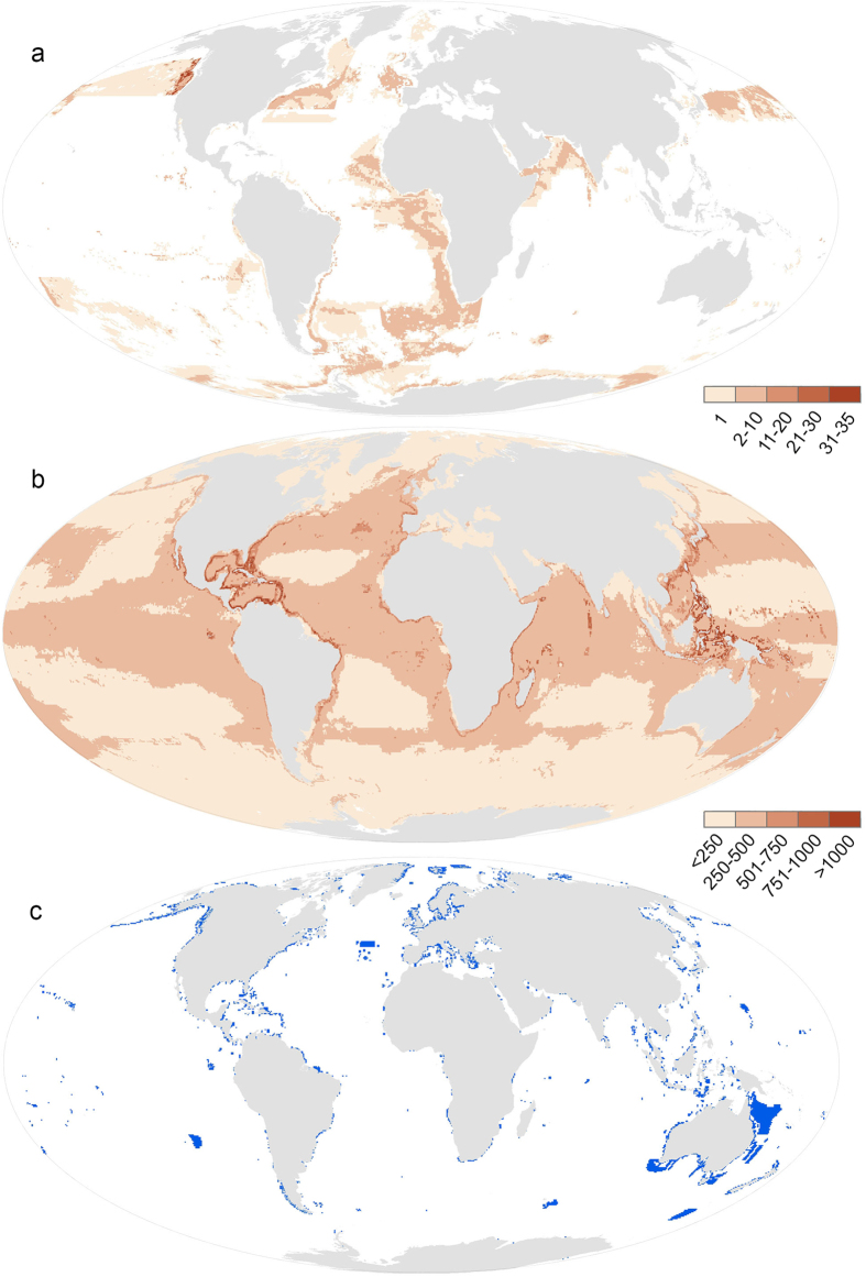 Density map of gap species (a) and very low coverage species (<2% of range represented) (b) per half-degree cell, created by overlaying the ranges of all species in these groups. Marine protected areas classified as IUCN I-IV that spatially overlapwith any marine area are shown in blue (c). Density maps using other marine protected area classifications are shown in Figures S1 and S2. Created by JM using ESRI ArcGIS Software.