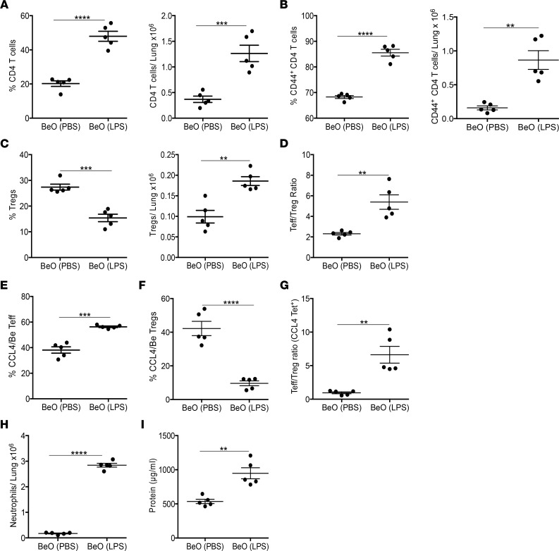 LPS enhances Be-induced lung injury by altering the Teff/Treg ratio.(A–C) Frequency (left panel) and number (right panel) of CD4+ T cells (A), CD4+CD44+ T effector cells (Teff) (B), and CD4+CD25+FoxP3+ Tregs (C) were examined at day 21 in HLA-DP2 Tg mice sensitized/boosted with BeO (100 μg) with or without administration of LPS (10 μg) on day 14. (D) At day 21, the Teff/Treg ratio was calculated by dividing the total number of tissue specific Teff cells (CD44+) by total Tregs (CD25+FoxP3+). (E and F) Frequency of HLA-DP2-CCL4/Be tetramer-binding CD4+ Teffs (E) and Tregs (F) in the lungs of BeO-exposed HLA-DP2 Tg mice with or without LPS treatment. (G) Ratio of the total number of HLA-DP-–CCL4/Be tetramer-binding CD4+ Teff to Tregs at day 21. (H) Number of Ly6G+ neutrophils in the lungs of BeO-exposed HLA-DP2 Tg mice in the presence or absence of LPS treatment. (I) Protein in the BALF of BeO-exposed HLA-DP2 Tg mice in the presence or absence of LPS. Data are shown as mean ± SEM. Data are representative of 2 independent experiments (5 mice per group). Significance was determined by Student’s t test. *P < 0.05, **P < 0.01, ***P < 0.001, ****P < 0.0001.