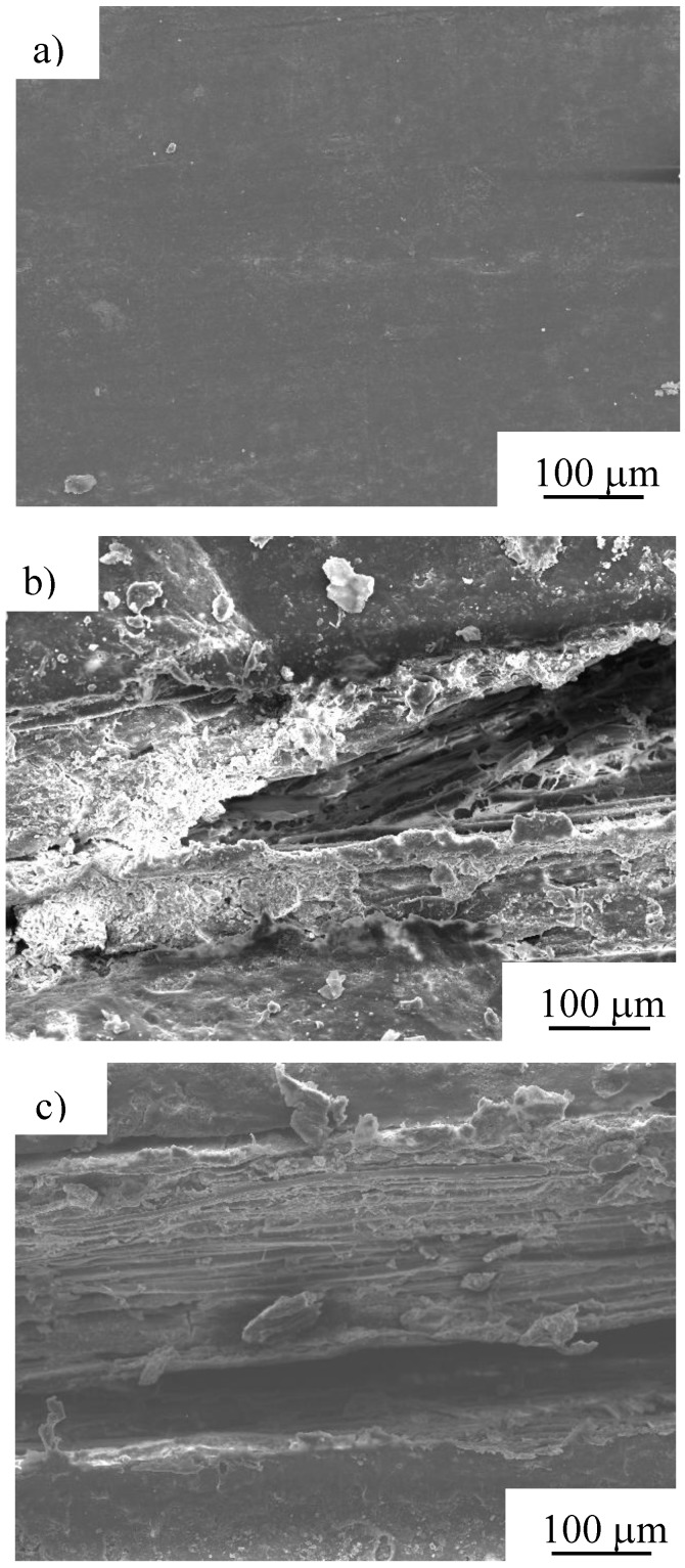 SEM photomicrographs of after biodegradable test of MHFRP after a) 30, b) 180 and c) 240 days burial (under Condition 1).