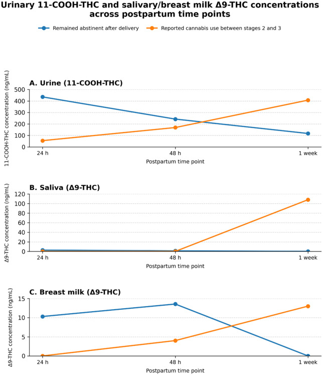 Three-panel line graph showing mean cannabinoid concentrations across postpartum sampling stages at 24 hours, 48 hours, and 1 week. Panel A shows urinary 11-nor-9-carboxy-Δ9-tetrahydrocannabinol concentrations, Panel B shows salivary Δ9-tetrahydrocannabinol concentrations, and Panel C shows breast milk Δ9-tetrahydrocannabinol concentrations. Lines compare participants who remained abstinent after delivery with participants who reported cannabis use between stages 2 and 3. In the abstinent group, urinary concentrations decrease over time, while salivary and breast milk concentrations are low or become non-quantifiable by 1 week.