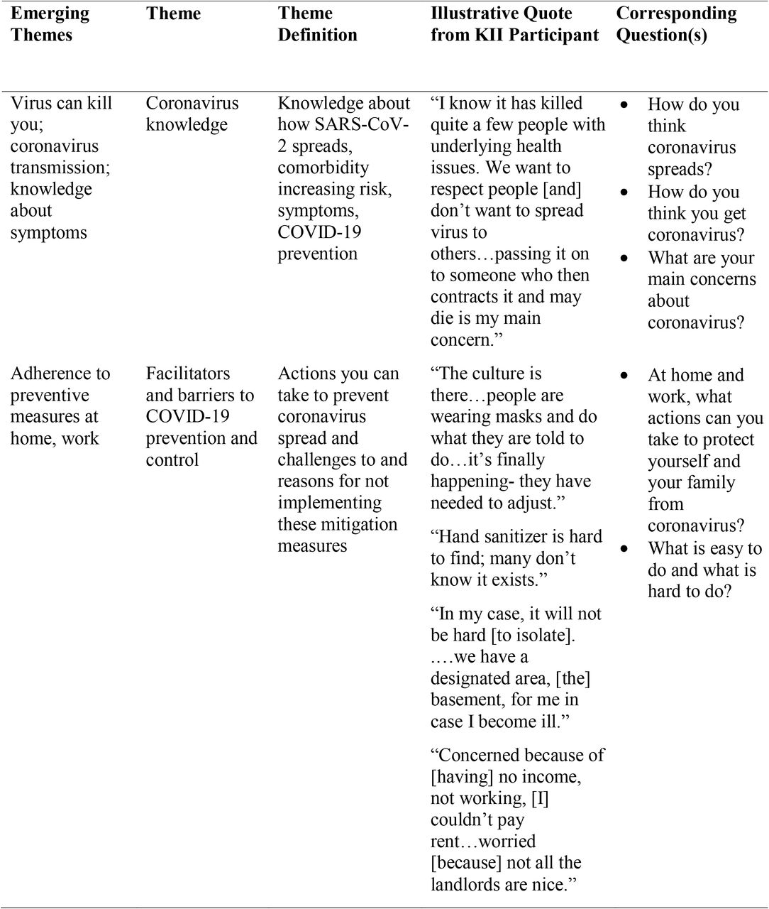 Examples From COVID-19 Study Team Key Informant Interview Themes Table