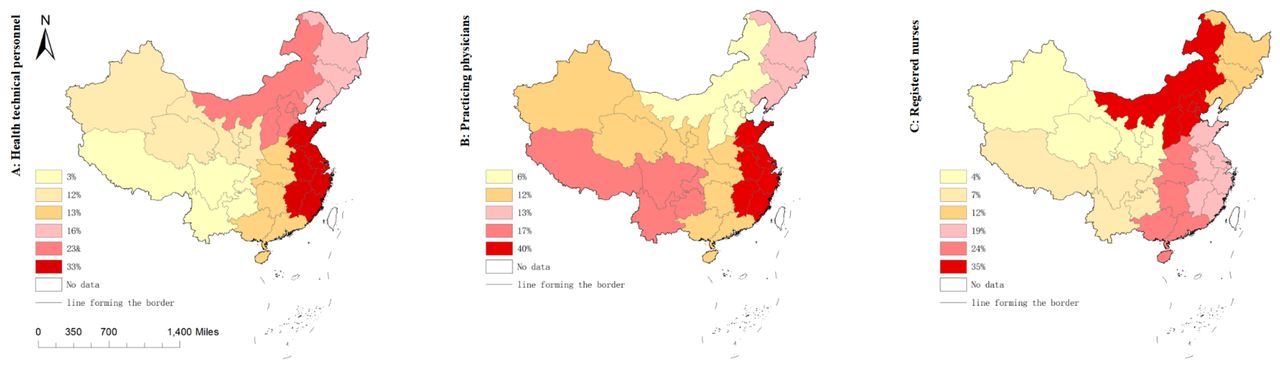 Percentage contribution of the six regions to intra-regional inequality in 2021. A, B, and C correspond respectively to health technical personnel, practicing physicians, registered nurses