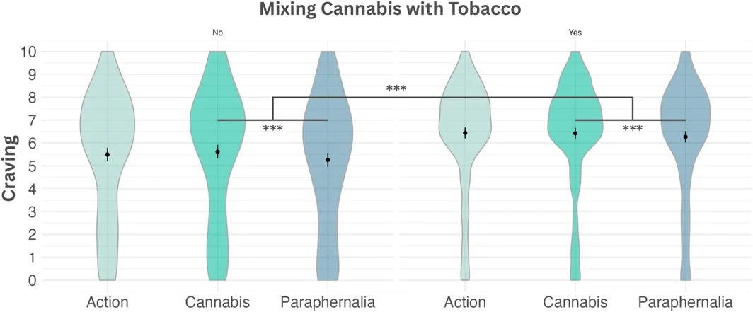 Violin plot visualizing craving per image type for those who mix their cannabis with tobacco (‘Yes’) and those who do not (‘No’). Lines indicate the significant interaction between image type and the mixing of cannabis with tobacco or not. Means are represented with a bar indicating the 95% confidence interval. ***P < 0.001.