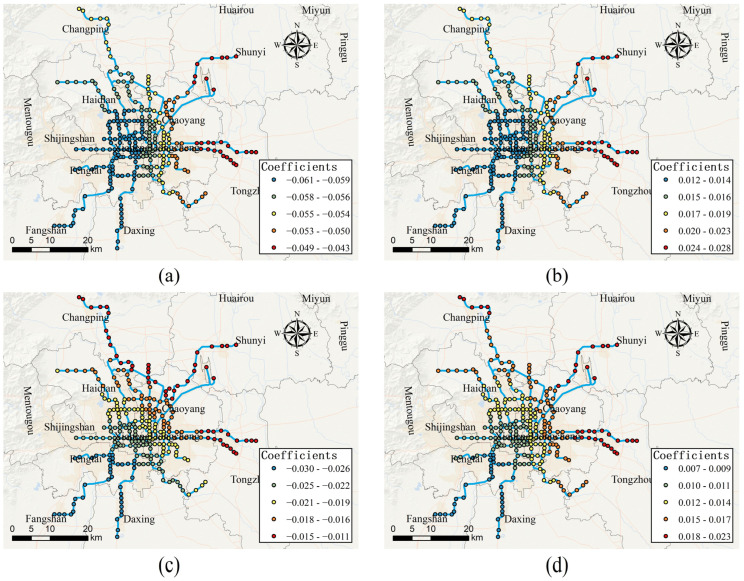 Spatially varying effects of primary road density. (a) Effect of primary road density on access-daily use on weekdays; (b) effect of primary road density on egress-daily use on weekdays; (c) effect of primary road density on access-daily use on weekends; (d) effect of primary road density on egress-daily use on weekends.