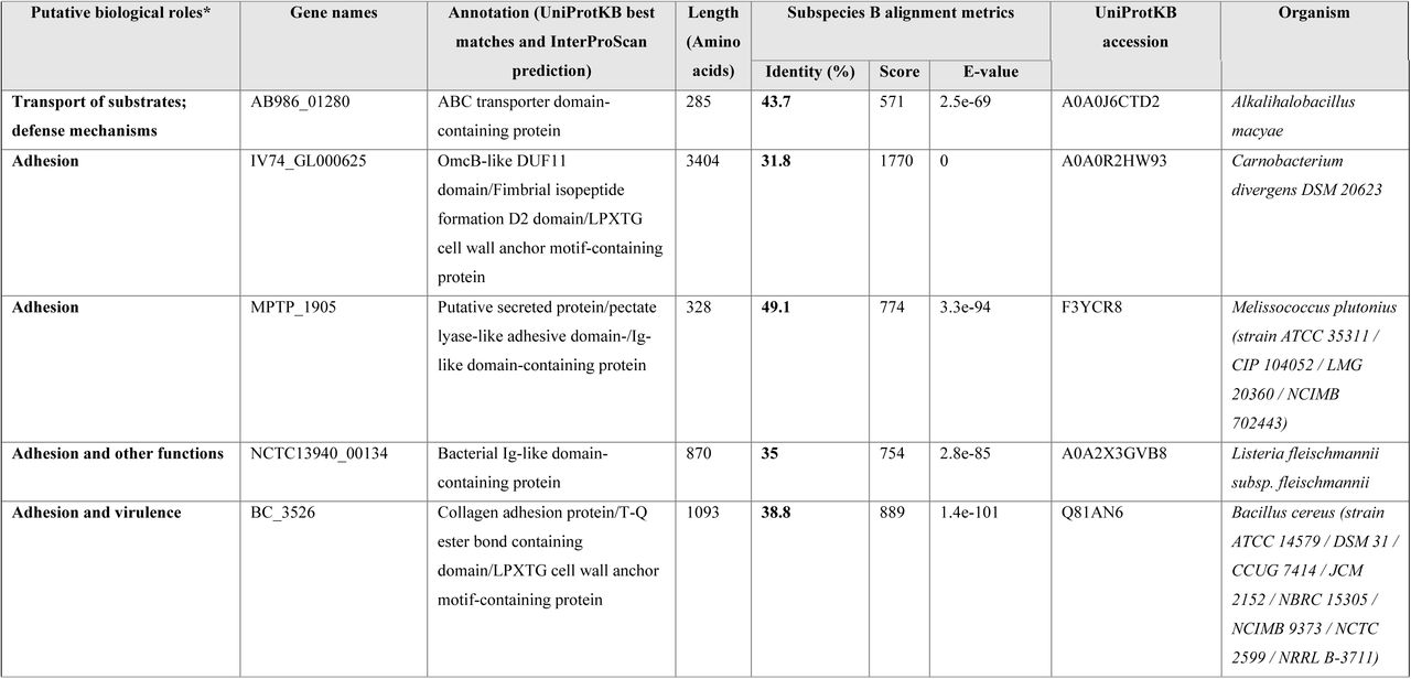 List of Enterococcus faecalis subspecies B-specific proteins and their predicted biological roles based on similarity searches.