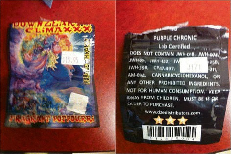 Spice packaging. Image of 'spice' incense packaging. Note the description of 'fragrant potpourri' and 'not for human consumption' on packaging.