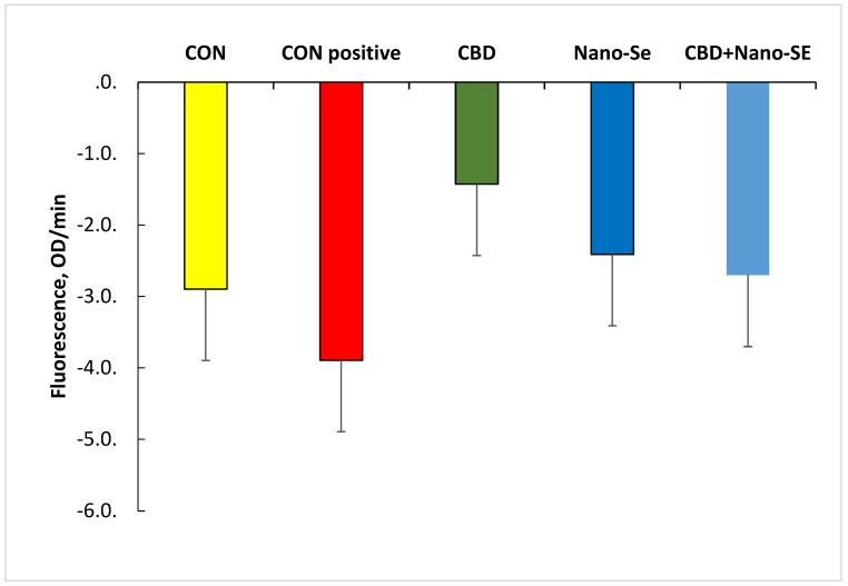 Oxygen consumption rate in platelet mitochondria expressed as the rate of fluorescence signal change per minute. CON—untreated control group; CON positive—birds fed a CON diet and challenged with Clostridium perfringens on days 15, 16, 17 and 18 of age; CBD—CON positive + dietary supplementation with cannabidiol; Nano-Se—CON positive + dietary supplementation with nano form of selenium; CBD + Nano-Se—CON positive + dietary supplementation with both additives. Error bars represent the mean standard errors for 8 birds in each dietary treatment (SEM = 0.318 and p = 0.250).