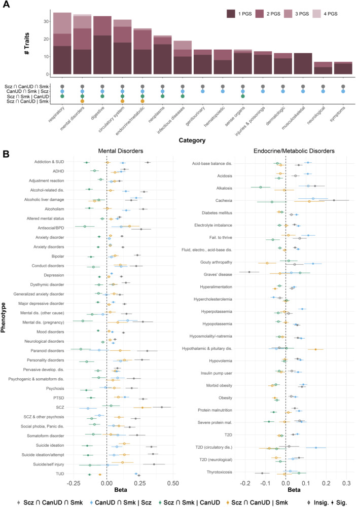 Associations between polygenic scores for SNP subsets from ASSET and health-related phenotypes in the BioVU biobank.A Upset plot showing the number of phenotypes within different categories associated with one or more PGS. B Forest plots showing associations (represented by the regression coefficient, i.e., the change in log(odds)) between the four ASSET SNP subset PGSs and mental disorders (left panel) and endocrine/metabolic traits (right panel) in BioVU.