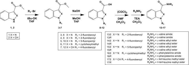 Procedures for synthesizing the enantiomers dealt with in this study. tBu-OK potassium tert-butoxide, THF tetrahydrofuran, DMF N,N-dimethylformamide, (COCl) 2 oxalyl chloride, TEA triethylamine, MeOH methanol