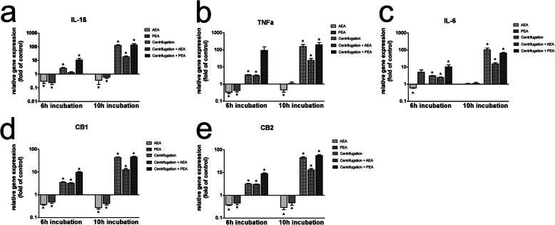 Transcriptional regulation of inflammatory cytokines and CB receptors in PDL cells upon CII and endocannabinoid treatment. Gene expression analyses were performed for IL-1ß (a), TNFa (b), IL-6 (c), CB1 (d) and CB2 (e) upon challenge with or without AEA (50 μM) or PEA (50 μM) under serum-free conditions in combination with or without CII of PDL cells for 6 h or 10 h, respectively. Analyses were performed via qRT-PCR. Values represent the mean ± SEM (n = 6) of the relative differential gene expression (fold of control). * statistically significant compared to unstimulated control (p < 0.05, one sample t test)