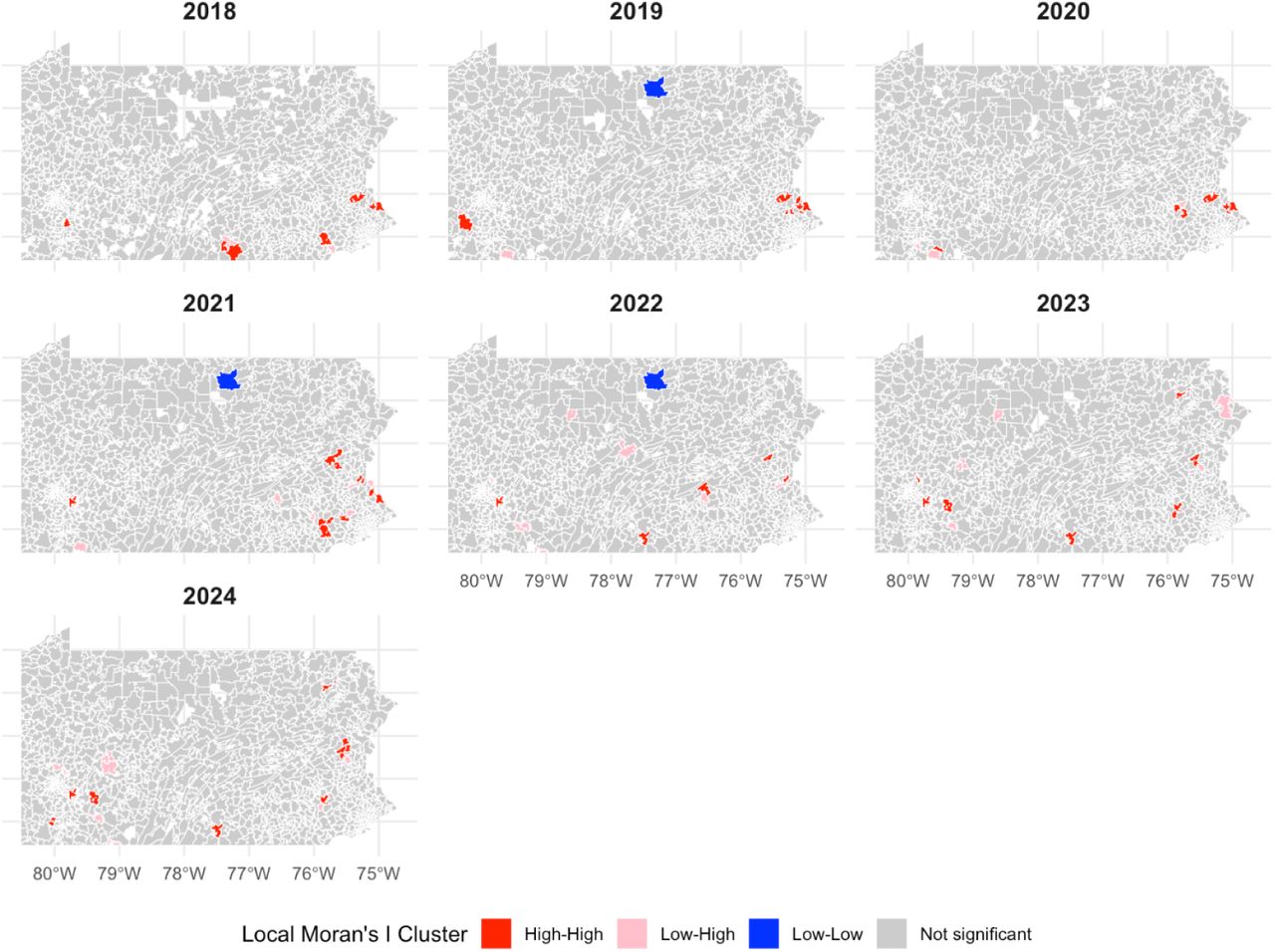 Pennsylvania map of local Moran’s I clusters of the percent of adults with a medical cannabis certification from pain from 2018 to 2024 at the zip code tabulation area level without correction for multiple testing