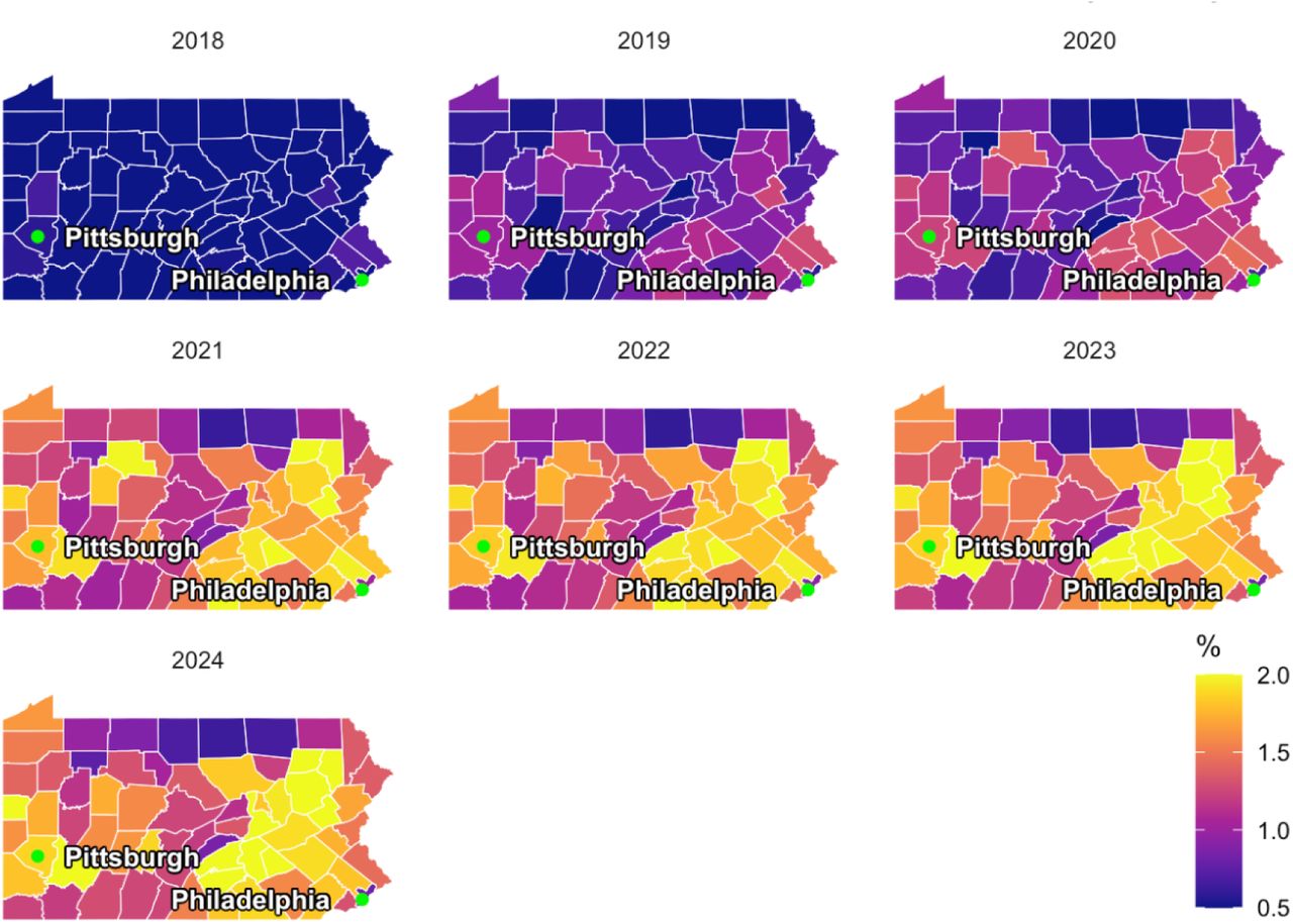 Heat map of the percent of adults in Pennsylvania with a medical cannabis certification for pain from 2018–2024 by county.