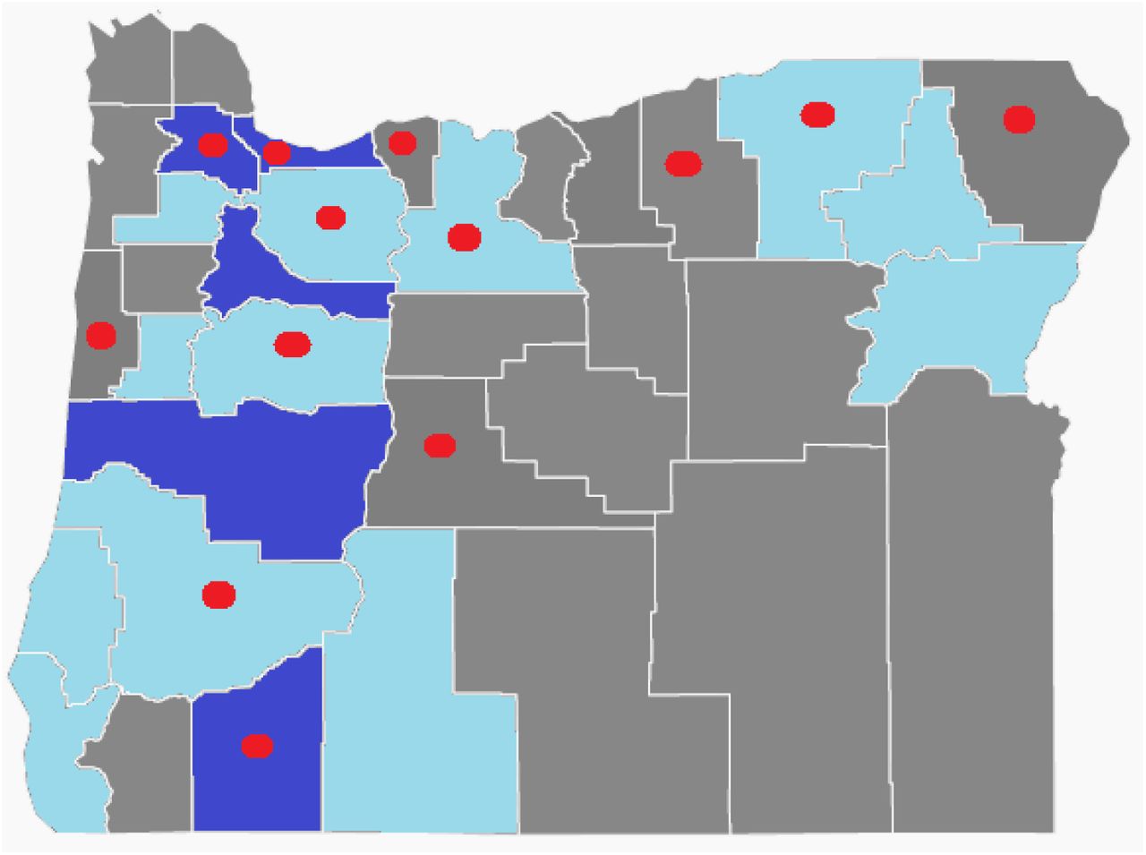 Map of the state of Oregon with county boundaries delineated. One participant came from Washington state and is not depicted. Dark blue = presence of movement disorder specialist; Light blue = general neurologist; Gray = absence of neurologist; Red = Parkinson ECHO participants