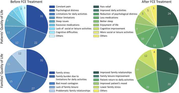 Two sets of pie charts compare patients' and families' quality of life before and after FCE treatment. Before treatment, patients experience high levels of constant pain and psychological distress. After treatment, significant improvements are noted in pain relief and daily activities. Similarly, families report increased stress and burden before treatment, while post-treatment charts show improved family relationships and leisure. Each segment is color-coded, with labels indicating specific quality of life factors, showing a distinct improvement after treatment in both patients and families.