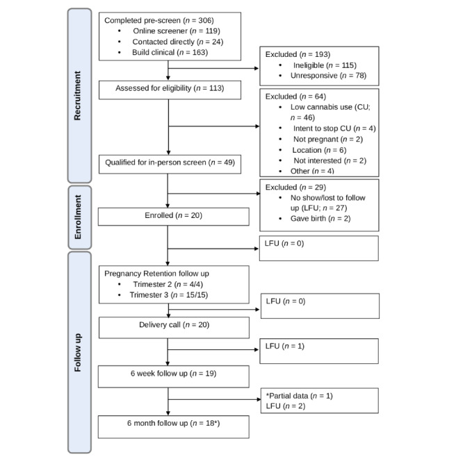 CONSORT (Consolidated Standards of Reporting Trials) flow diagram. CU: cannabis use; LFU: lost to follow up.
