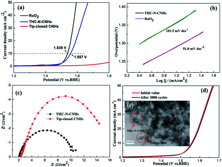 (a) The OER currents of THC-N-CNHs, tip-closed CNHs, and RuO2 electrodes in 1 M L−1 KOH solution at a scan rate of 5 mV s−1; (b) Tafel plots of commercial RuO2, THC-N-CNHs; (c) the Nyquist plots of Tip-closed CNHs and THC-N-CNHs; (d) polarization curves for THC-N-CNHs before and after 2000 CV cycles; (e) the TEM image of THC-N-CNHs after 2000 CV cycles.
