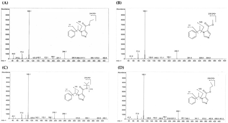 Representative electron ionization (EI) mass spectra and chemical structures of the four imidazole-based anesthetic analogs detected in this study: (A) etomidate, (B) metomidate, (C) isopropoxate, and (D) propoxate. All four compounds share a common base peak at m/z 105 (ethylimidazole cation) and a characteristic fragment at m/z 77 (phenyl cation), reflecting their common imidazole carboxylate core structure. Analog-specific molecular ions are observed at m/z 244 (etomidate), m/z 230 (metomidate), and m/z 258 (isopropoxate and propoxate); the shared molecular ion of the latter two reflects their structural isomer relationship, with chromatographic resolution providing the basis for their discrimination. For isopropoxate, the diagnostic ion at m/z 216 arises via a McLafferty-type rearrangement with neutral loss of propene (42 Da). Despite near-identical fragmentation profiles, all four analogs were chromatographically resolved (retention times summarized in Table S1), enabling unambiguous identification in both single-component and polydrug samples.