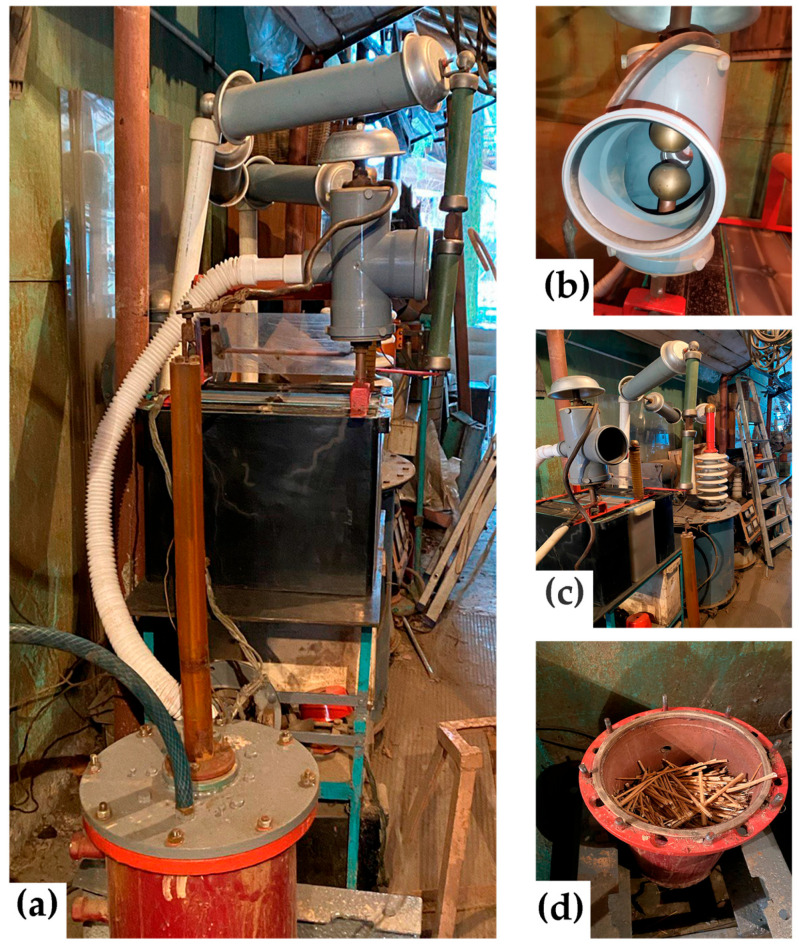 EHE installation, general view (a), spark gap (b), general view with a high voltage transformer (c) and discharge chamber with hemp retted fiber (d).