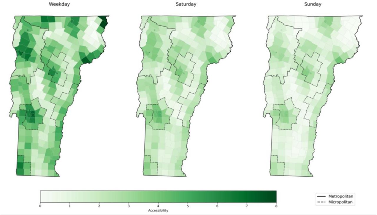 Spatial accessibility across days of the week. Each map represents the maximum accessibility on each day when all pharmacies that plan to open that day are operational (i.e., at 12 pm).