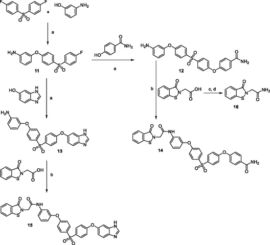 Synthesis of compounds 14, 15, and 16. Reagents and conditions: (a) Cs2CO3, DMF, 60 °C, 2 h; (b) EDCI, HOBT, DMF, 60 °C, 16 h for 14 and r.t, 6 h for 15; (c) oxalyl chloride, DMF, DCM, 0 °C to r.t., 2 h; and (d) conc. NH4OH, DCM, r.t., 15 min.
